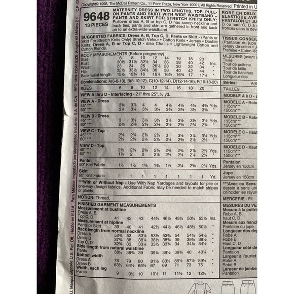 McCalls sewing pattern 9648 Maternity dress or top size 6 8 10 - Picture 4 of 6